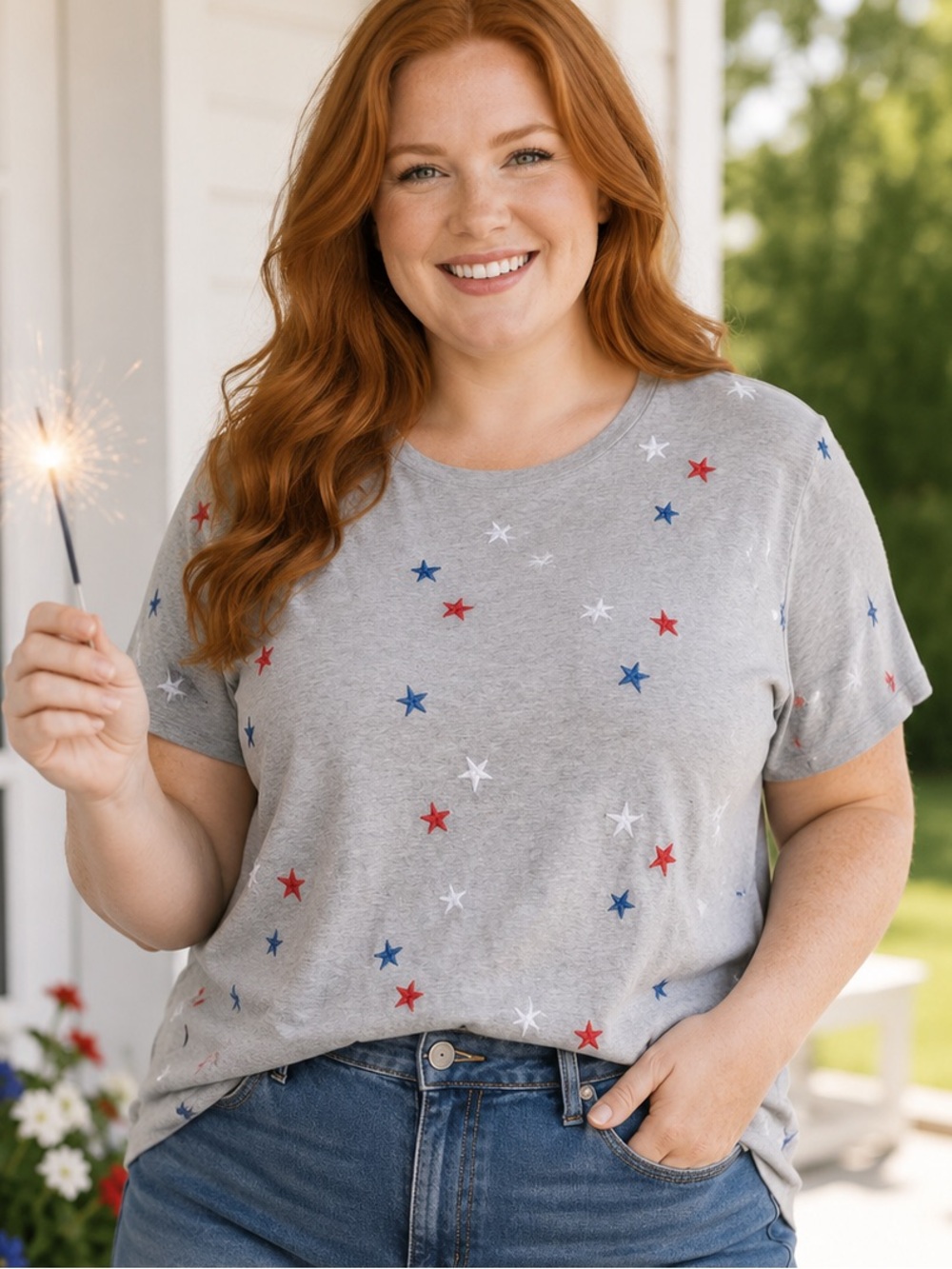 Lucky Brand Gray Embroidered Red White Blue Star Cotton Tee Short Sleeve 2X NWT